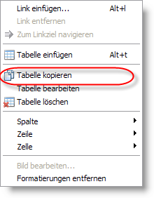 Kontextmenü -> Tabelle kopieren