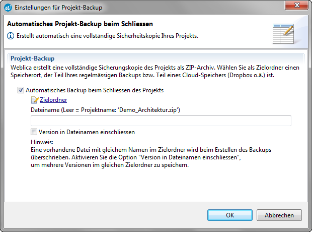 Dialog Projekt-Backup Einstellungen