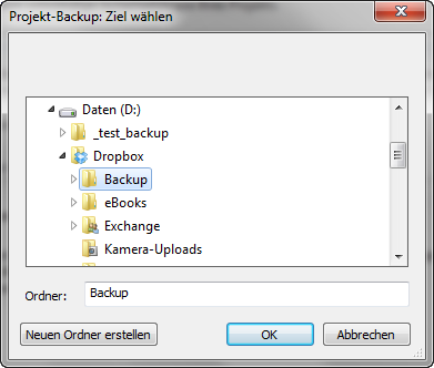 Projekt-Backup Zielordner wählen