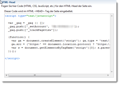 Javascript-Code ind den Seiten-Eigenschaften von weblica